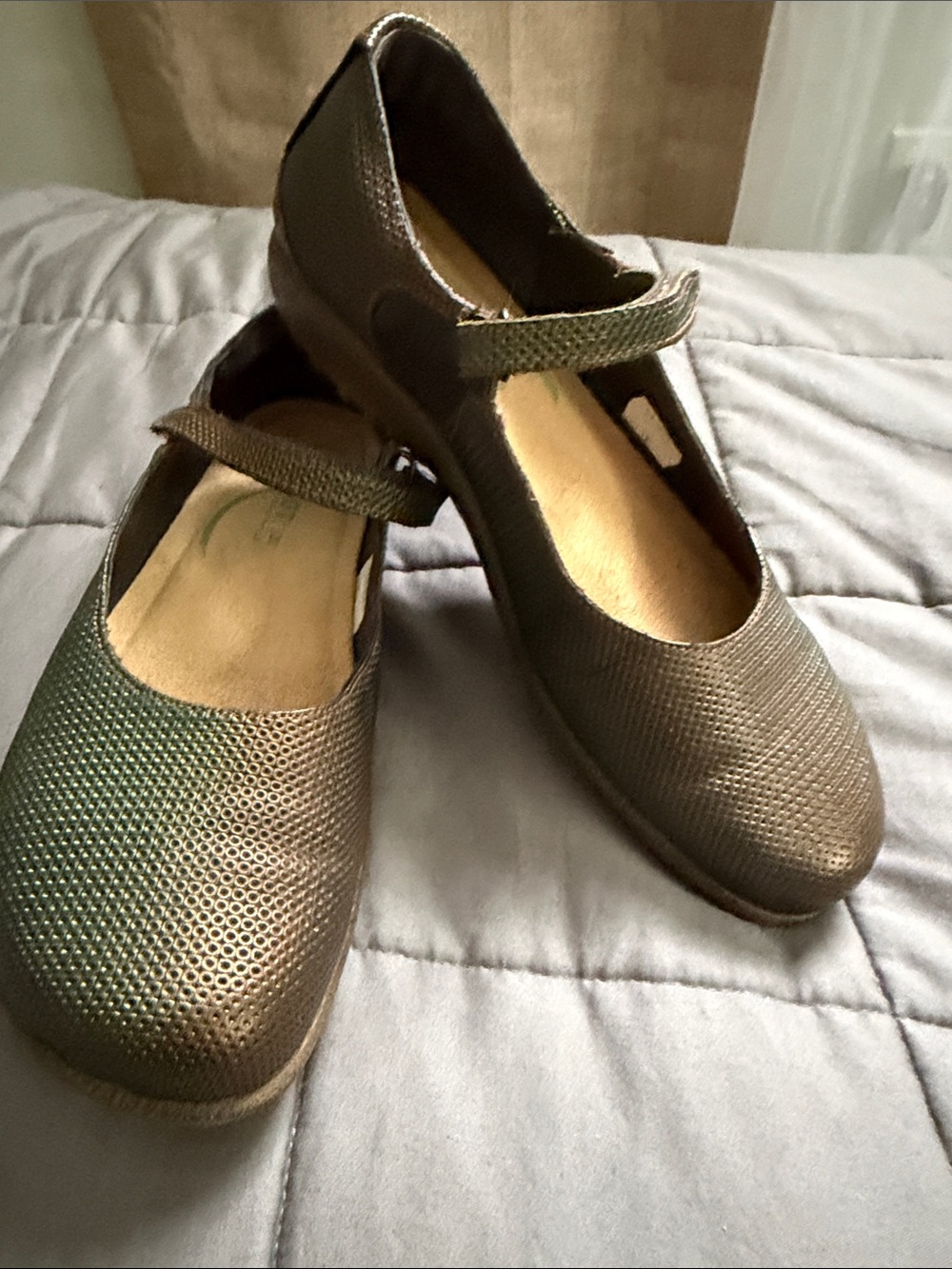 Naot metallic green and brown mary janes